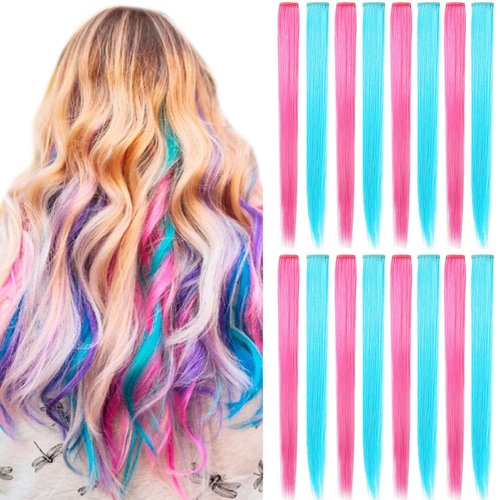 MQY COLOR 16 PCS Multi Colored Hair Extensions Clip in Kids Blue Pink Hairpieces Party Highlights DIY Hair Accessories for Girls Women 21 Inches Long Hair (Sky blue+Pink)