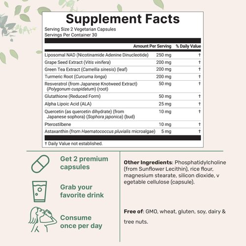 Liposomal NAD+ Ultimate 1,000mg | 60 Veggie Capsules | 10-in-1 with Resveratrol, ALA, Glutathione, Astaxanthin, & Quercetin | NAD Supplement for Women & Men | Anti-Aging, Energy, & Brain Support