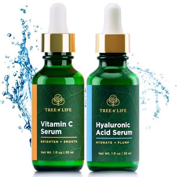 Tree of Life Facial Skin Care Set, Brightening, Firming, Hydrating, Dry Face, Dermatologist Tested - Vitamin C and Hyaluronic Acid Facial Serum - Skin Care Kit, 2 count of 1 Fl Oz