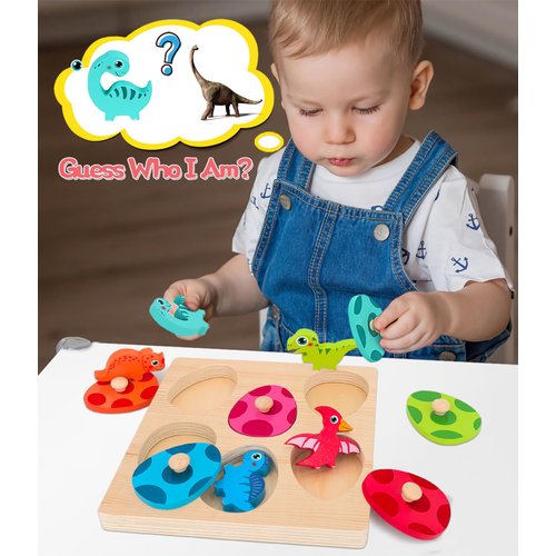 SIERLIKY Wooden Peg Puzzle for Toddlers,Montessori Toys for Kids，Wooden Learning Color Sorting Shape Puzzles for Old Boys Girls, Dinosaur Match Eggs Developmental Sensory Matching Games