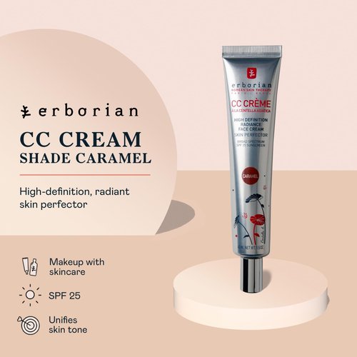 Erborian Color Correcting CC Cream with Centella Asiatica, Caramel- Light Multi-Purpose Facial Concealer with Illuminating Finish Soothes & Hydrates Skin- SPF Korean Skincare Skin Perfector- 1.5 Oz