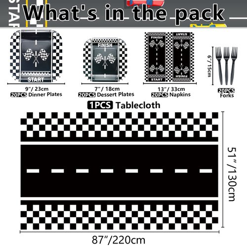 81Pcs Racing Car Party Decorations - Black and White Checkered Racing Car Tableware Set, Race Car Plates Napkins Forks Tablecloth for Kids' Race Car Themed Birthday Party, Serves 20