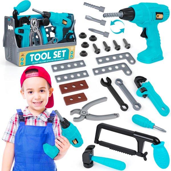 Kids Tool Set - Toddler Tool Set with Toy Drill and Tool Box, Pretend Play Construction Tools Toys Gift for Toddlers Kids Girls Boys Ages 3 4 5 6 7 Year Old (Blue)