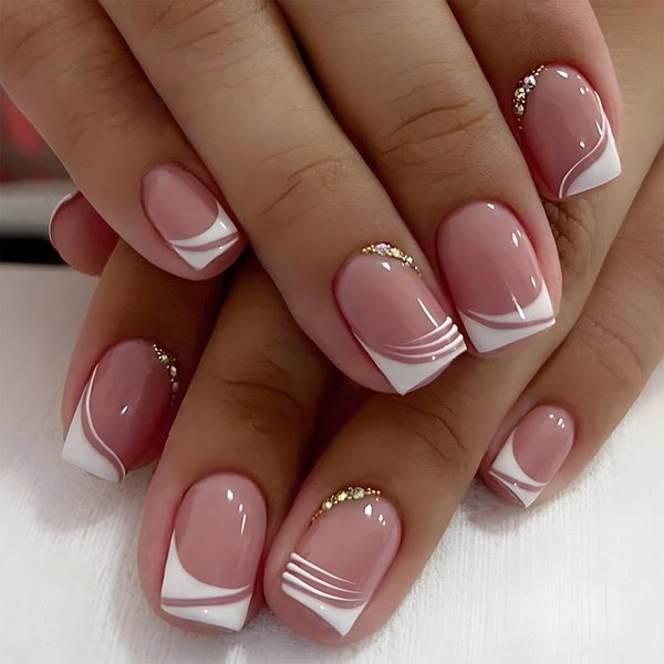 24Pcs French Press on Nail Short Square French Tip White Edge Fake Nails With Rhinestones Nude Full Cover Nail Tips Design Stick on Nails Glossy Reusable Acrylic Nails for Women Girls Nail Decoration