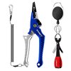 SAMSFX Aluminum Fishing Pliers Hook Remover Braid Line Cutter with Coiled Lanyard, Fly Fishing Knot Tying Tool & Retractors (Silver & Blue Handle, Split Ring Nose)