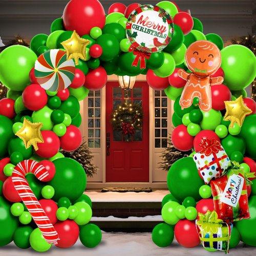 152 Pcs Christmas Balloons Arch Kit, Xmas Decoration Party Garland Kits with Different Sizes 5/10/12/18 Balloons|Candy Balloons|Foil Balloons for Indoor Outdoor Xmas Decor Wall Front Door Yard Garage