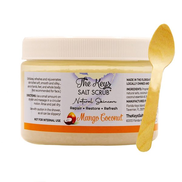 The Keys Salt Scrub Premium Exfoliating Sea Salt Body Skin Scrubs - Made with Pure Florida Sea Salt and Organic Coconut Oil + Wooden Spoon (Mango Coconut, 12 oz)