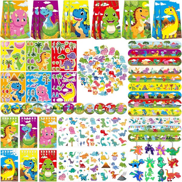 LSJDEER Dinosaur Party Favors, Dinosaur Birthday Decorations, Dinosaur Gifts Bags Keychain Mini Notepad Stickers Bracelets for Dinosaur Party Supplies Kids Boys Girls