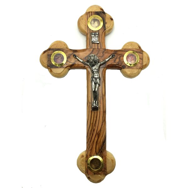 Olive Wood Cross Crucifix with Holy Relics from Holy Land (7")