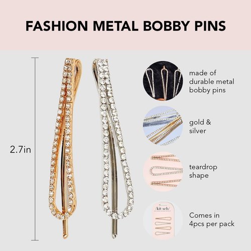 Kitsch Rhinestone Bobby Pins, 4 Pcs Wedding Hair Pins for Bridal Hairstyles, Fancy Hairpins & Hair Accessories, Sparkling Teardrop Shape Barrettes for Women & Girls, Metal Hair Clips, Gold & Silver