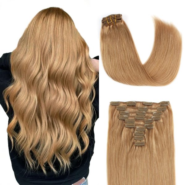 Lovrio 160g 20 inch Clip in Human Hair Extensions, Double Weft Big Thick Remy Straight, Colored Caramel Blonde 10 pieces 21 clips