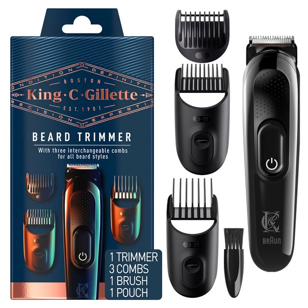 King C. Gillette Cordless Beard Trimmer for Men, Kit includes 1 Trimmer, 3 Interchangeable Combs, 1 Cleaning Brush, 1 Charger, 1 Travel Bag, BLUE