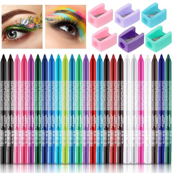 Leelosp 25 Color Pearl Eyeliner Pencil Set, Metallic Eye Shadow Pen Glitter Waterproof with 6 Pencil Sharpeners Eye Makeup Set for Women Girl Lip Liner Accessories