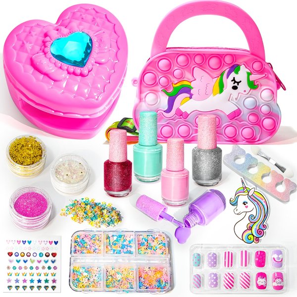 Sikcurg Kids Nail Polish Set for Girls, Kids Nail Art Kit with Nail Dryer, Nail Polish, Glitter Powder, False Nails, DIY Sticker, Birthday Christmas Gifts for Girls Ages 5-12