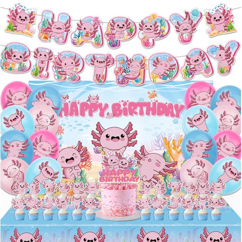 44Pcs Axolotl Birthday Party Supplies Include Happy Birthday Banner-Backdrop-Tablecloth-Balloons-Cake Topper-Cupcake Toppers for Axolotl Party Decorations