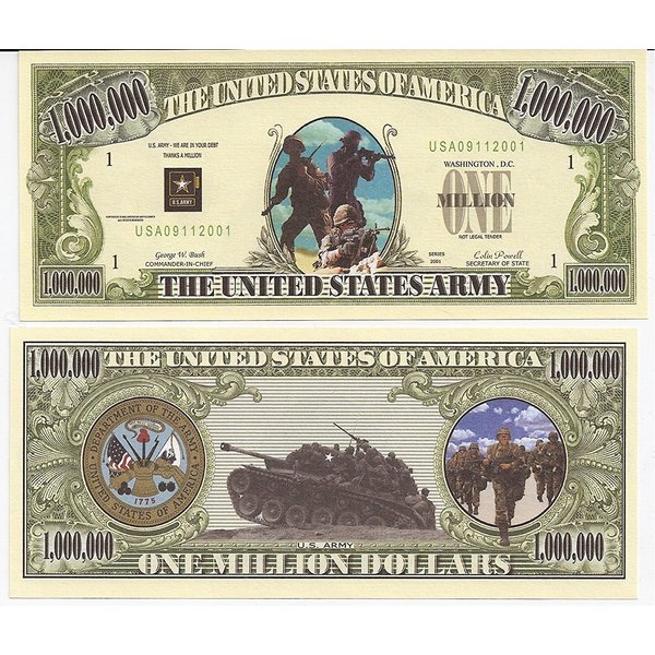 50 US Army Commemorative Million Dollar Bills with Bonus “Thanks a Million” Gift Card Set