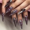 Black Press on Nails Long Almond - Summer Cute Fake Nails Purple False Nails Press ons Full Cover Nail Tips with Spider Web Shape Design Acrylic Nail Kit for Women 24 Pcs