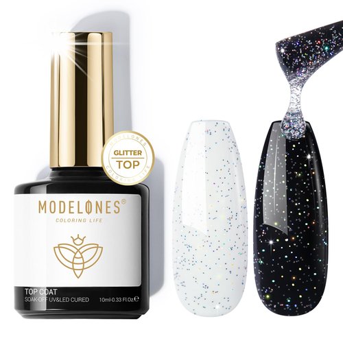 modelones Iridescent Silver Glitter Gel Top Coat - No Wipe, Glossy Finish, Long Lasting, Soak Off Gel Polish Nail Art Manicure, 10ml