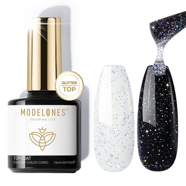 modelones Iridescent Silver Glitter Gel Top Coat - No Wipe, Glossy Finish, Long Lasting, Soak Off Gel Polish Nail Art Manicure, 10ml