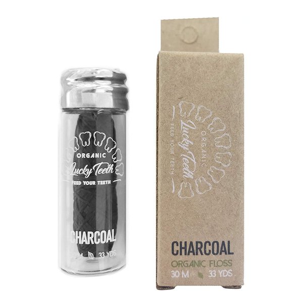 Organic Bamboo Fibre with Activated Charcoal Floss in Glass Jar with Tea Tree and Peppermint Essential Oils 30 m / 33 yds - by Lucky Teeth (1 Pack)