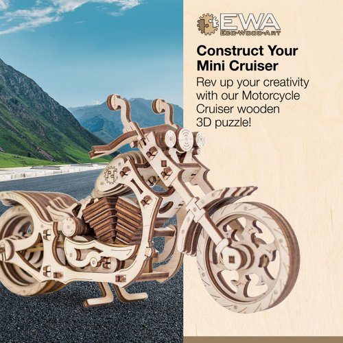 3D Puzzles for Adults - DIY Cruiser Motorcycle Model Kit with Rubber Band Engine, Functional Handlebars & Center Prop Stand - 3D Wooden Puzzle for 15 yrs Above & Adults - Eco Wood Art, 152 Pieces
