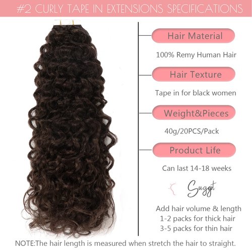 Hair Extensions Tape in Human Hair Jerry Curly Double Sided Strong Tape Brazilian Virgin Hair Darkest Brown Thick End Curly Tape Hair Extensions Black People 20inch #2 20pcs 50grams