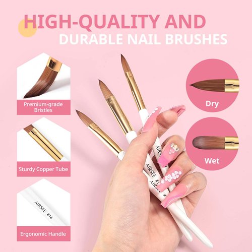 AIRSEE 3PCS Acrylic Nail Brush Set, Size 8/10/14 Beginner & Professional Nail Brushes for Acrylic Application, Acrylic Powder Nail Art Extension and 3D Nail Carving, 3A+ Nylon Nail Brushes