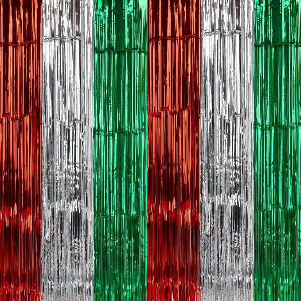 Lucleag 6Pcs Christmas Foil Fringe Curtains, 3.3X6.6Ft Christmas Fringe Curtain Backdrop, Red Green Silver Metallic Tinsel Foil Fringe Streamers Curtains Background for Christmas Party Supplies