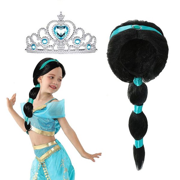Arabian Princess Wig for Girls Jasmine Braid with Princess Tiara Princess Dress Up Costume Cosplay Halloween Accessories for Kids