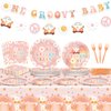 98PCS One Groovy Birthday Party Decorations Groovy One Party Paper Plates and Napkins Hippie Groovy Tablecloth Banner for Girls Hippie 1st Tableware for Newborn Retro Boho Baby Shower Party Supplies