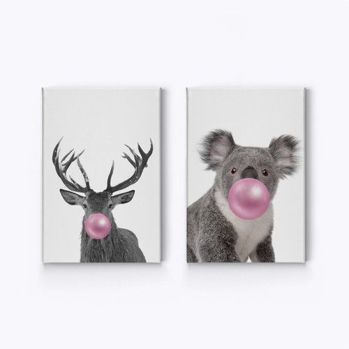 Smile Art Design Reindeer and Koala Animal Bubble Gum Art 2 Panel Canvas Print Set Pink Gum Black and White Wall Art Baby Room Boy Girl Kids Room - Nursery Decor Ready to Hang Made in USA- 17x11