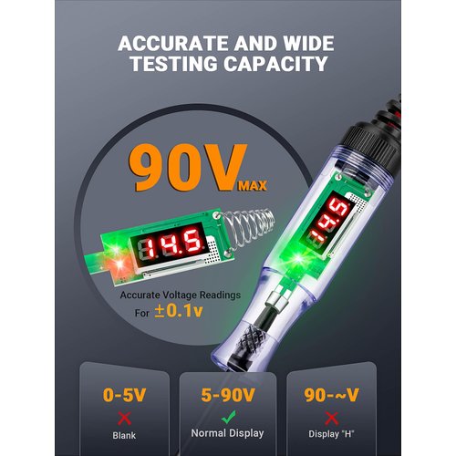 Test Light Automotive 5-90V Digital LED Light Tester with Voltage Display, Voltage Test Pen with Extended Spring Wire & Stainless Steel Probe, Circuit Tester for Car, RV, Fuse Voltage Systems (5-90V)