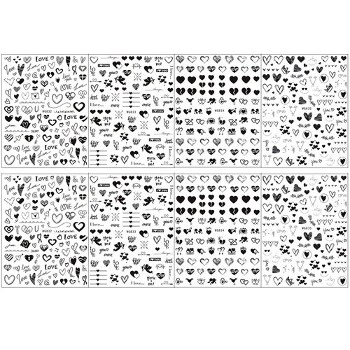 8 Sheets Valentine's Day Nail Art Stickers Decals Self-Adhesive Pegatinas Uñas Black Heart Lover Nail Supplies Nail Art Design Decoration Accessories