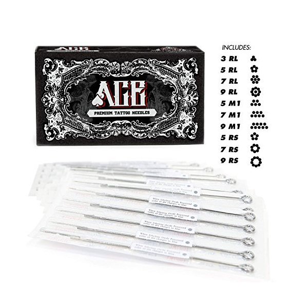 ACE Needles 50 Mixed Assorted Tattoo Needles 10 Sizes - Round Liner Shader Magnum
