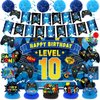 Video Game 10th Birthday Party Decorations Blue Black Happy Birthday Level 10 Banner Backdrop Honeycomb Centerpieces Hanging Swirls Tissue Paper Pompoms for Boy 10 Years Old Game Controller Supplies