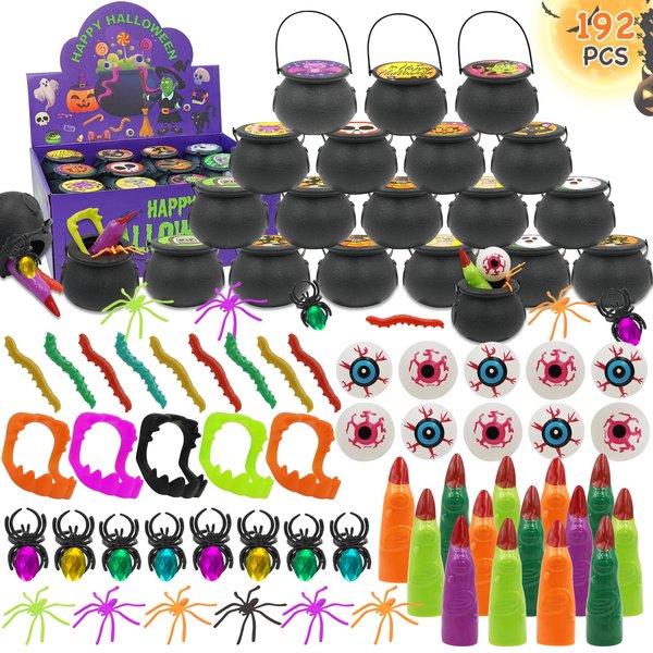 192 PCS Halloween Party Favors for Kids, 24 Pack Prefilled Small Plastic Witch Cauldron Halloween Toys Bulk for Halloween Party School Classroom Prizes Goodie BagsTrick or Treats Gifts