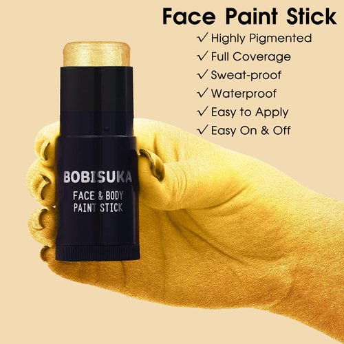 BOBISUKA Gold Face Paint Stick, Waterproof Metallic Golden Full Body Paint Sticks, Blendable Painting Kit for Halloween Makeup SFX Cosplay Special Effects Fancy Parties Cosplay Costume Stage