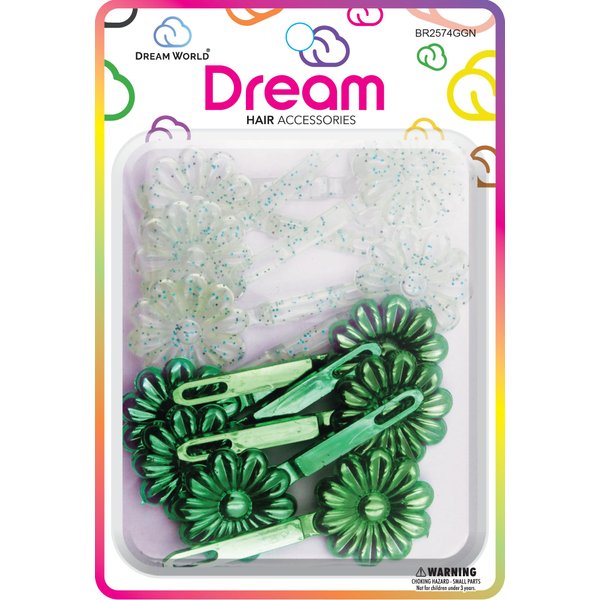 Dream World Self Hinge Barrette Daisy Metallic & Glitter Green Mix 12 Piece Pack BR2574GGN