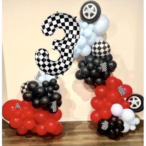 Kwuz 40 Inch Checkered Birthday Balloon Number 3 Boys Fast Three Birthday Decorations Race Car Racing Theme 3rd Birthday Party Balloons Decor Supplies Foil Mylar Black White