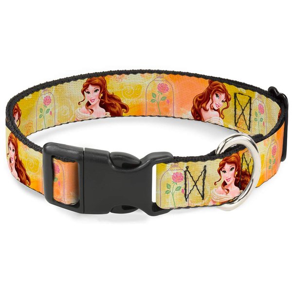 Buckle-Down Plastic Clip Collar - Belle Poses/Enchanted Rose/Story Script Yellow/Pinks - 1/2" Wide - Fits 6-9" Neck - Small