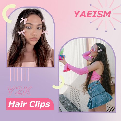YAEISM 24PCS Pink Bow Hair Clips 3 Color Star Snap Clips Cute Mini Bow Hair Ribbon Non Slip Y2K Star Hair Barrettes for Girls Women