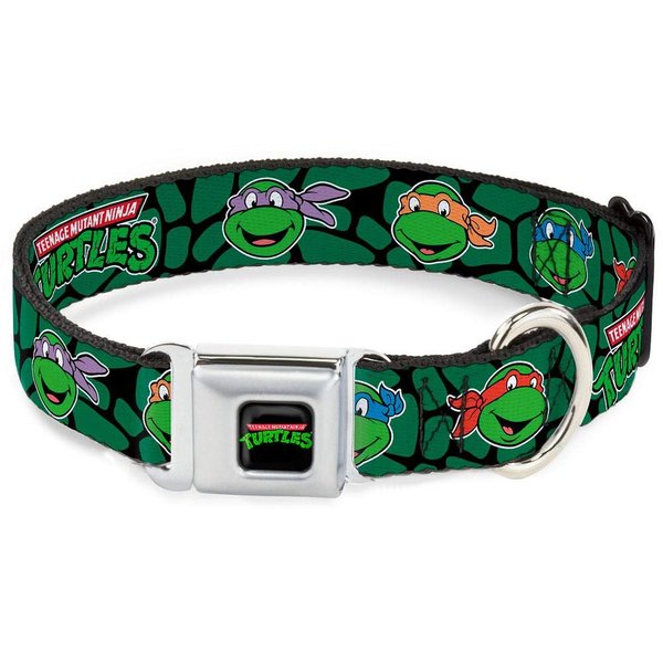 Buckle-Down Seatbelt Buckle Dog Collar - Classic TMNT Turtle Faces Black/Green Turtle Shell - 1" Wide - Fits 11-17" Neck - Medium