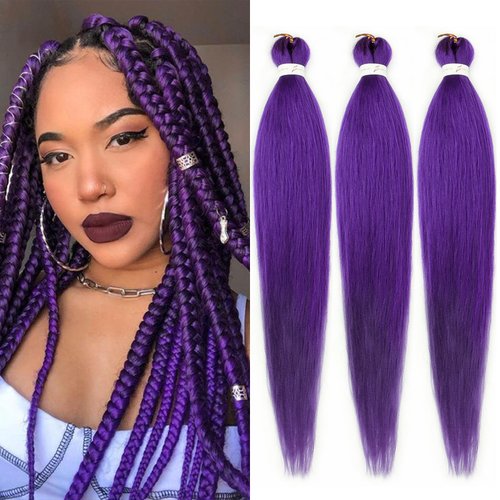 Purple Braiding Hair Pre stretched 16 Inch 3 Packs Kanekalon Pre-stretched Braiding Hair EZ Braid Yaki Texture Synthetic Hair Extensions for Crochet Box Braids