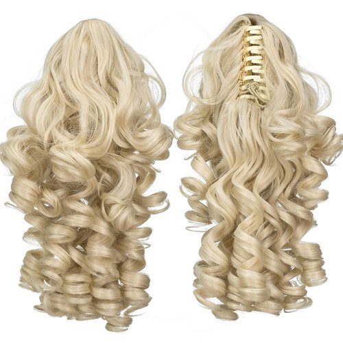 SWACC 12-Inch Short Screw Curls Claw Clip Ponytail Extensions Synthetic Clip in Drawstring Curly Ponytail Hairpiece Jaw Clip Hair Extension (Platinum Blonde-60#)