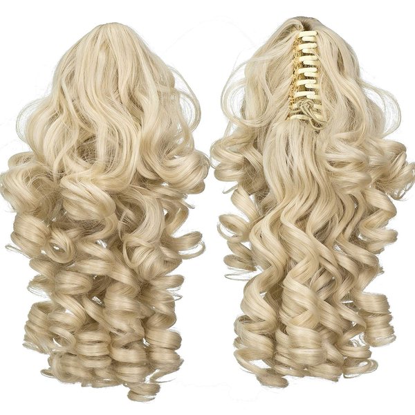 SWACC 12-Inch Short Screw Curls Claw Clip Ponytail Extensions Synthetic Clip in Drawstring Curly Ponytail Hairpiece Jaw Clip Hair Extension (Platinum Blonde-60#)