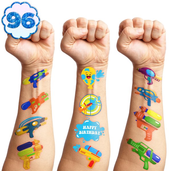 Water Gun Temporary Tattoos Sticker for Kids Birthday Party Supplies Decorations Party Favors 82PCS Tattoo Summer Tropical Beach Pool Songkran Festival Themed Cute Kids Boy Gifts Ideal Prizes Rewards