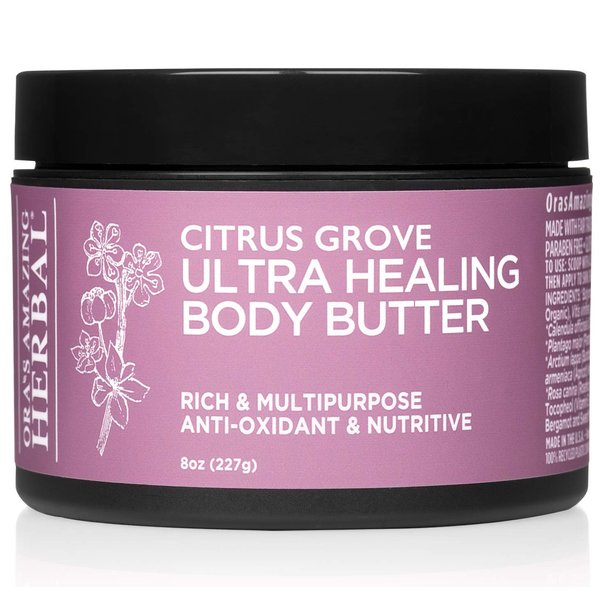 Ora's Amazing Herbal Ultra Healing Body Butter, Intensive Moisturizer For Dry Skin, Marjoram & Bergamot Essential Oil, 8 oz, Citrus Grove Scent