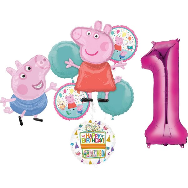 Anagram Peppa and George 1st Birthday Party Supplies Pig Foil Balloon Bouquet Decorations, BQ_4281