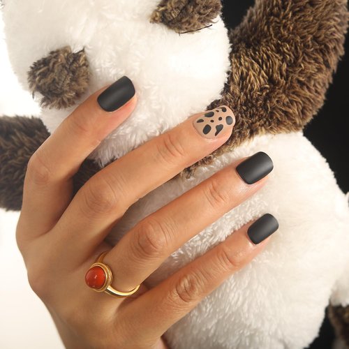 48 PCS Press On Nails, Short Square Leopard Print Contrast Fake Nails, ABS Natural Fit, Reusable Stick On Nails in 12 Sizes-Soft Gel Fake Nails Kit, Salon-quality, Brown and Black, Wild West