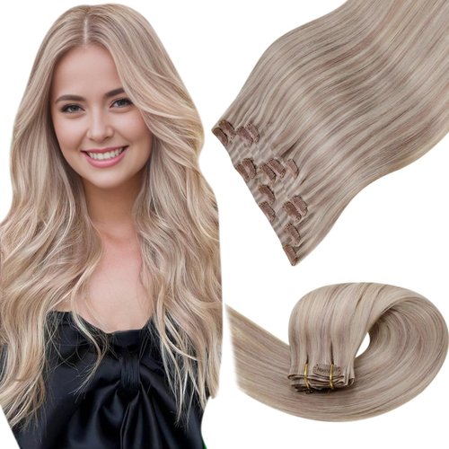 LaaVoo Seamless Clip in Hair Extensions Human Hair Blonde Highlights Clip in Extensions Human Hair Ash Blonde with Blonde Highlight Hair Extensions Real Human Hair Clip ins 14 Inch 7pcs 110g